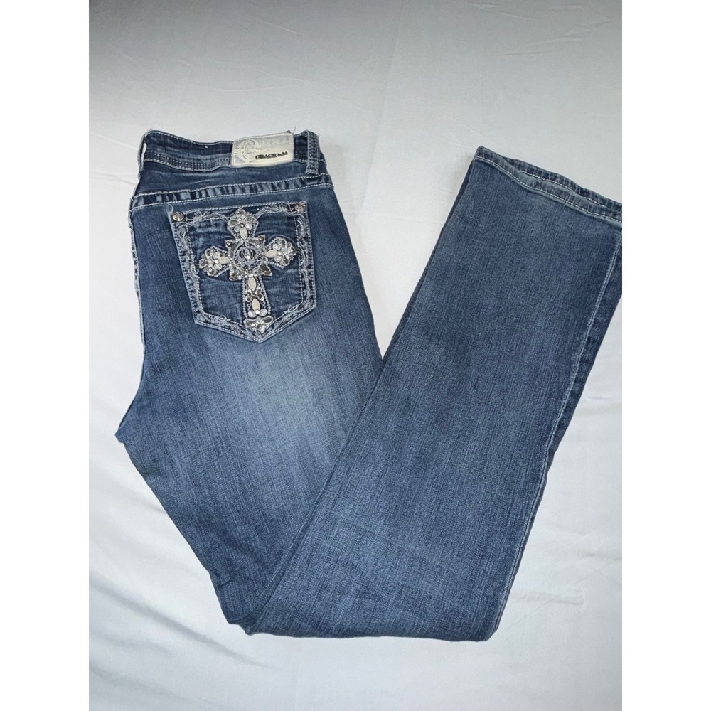 Grace in LA Easy Fit Bootcut Jeans Women 32 Medium Wash Rhinestone Cross Denim